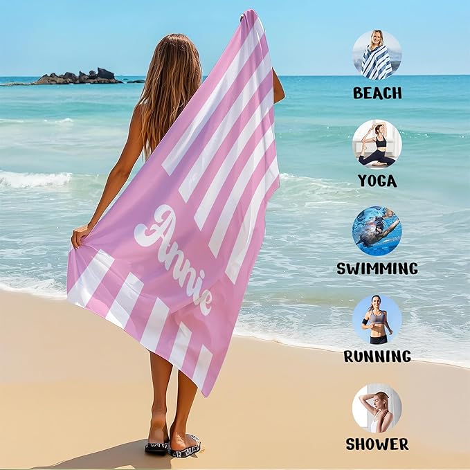 JML Personalized Beach Towel with Name, Custom Cabana Stripe Beach Towel, Customized Microfiber Pool Towel, Quick Dry & Absorbent Swim Towel for Adult,Mother's Day, Birthday, Summer Holiday,Vacation-GravixFit