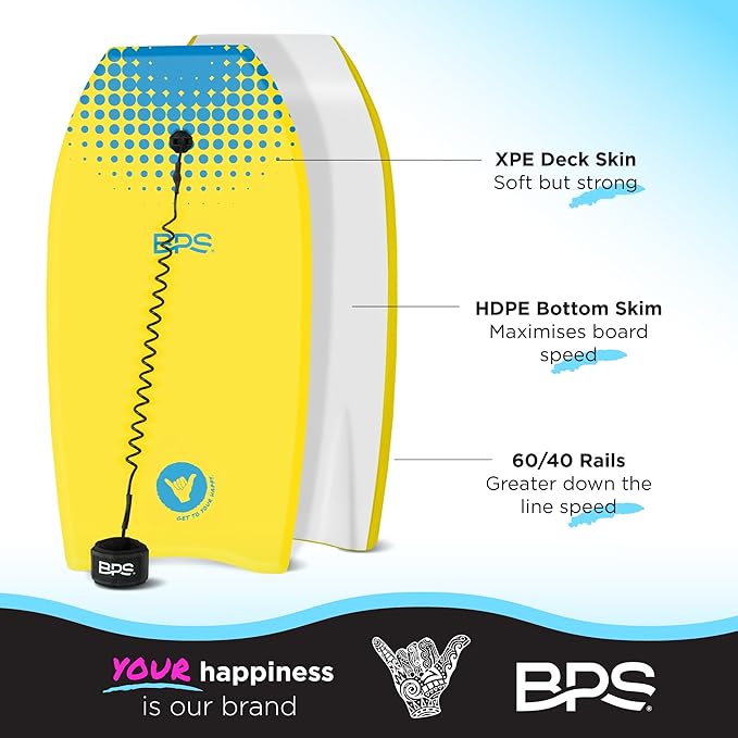 BPS New Zealand ‘Shaka’ Body Board for All Wave Conditions - Lightweight with EPS Core, HDPE Slick Bottom, Body Boards for Beach with Wrist Leash and Plug for Kids and Adults - All Skill Levels