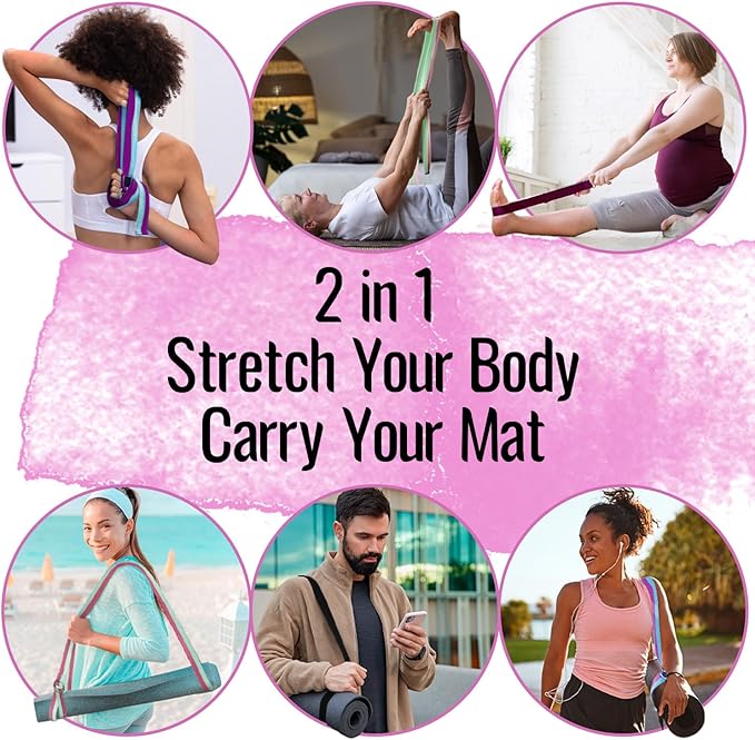 TECEUM Yoga Strap & Mat Strap – 2 IN 1 – Cotton – 6 ft 8 ft 10 ft (30+ colors) – Adjustable Non-Slip Belt for Yoga, Pilates, Stretching, Physical Therapy, Fitness & Home Workout – For Carrying Mats-GravixFit