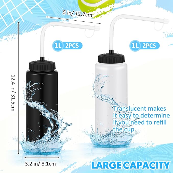 Domensi 4 Pack 1 Liter Sports Water Bottle W/long Straw Hockey Lacrosse Water Bottle with Straw Bpa Free Squeeze Plastic Use Sport Helmet in Football Baseball Gym(Black/translucent,Classic)-GravixFit