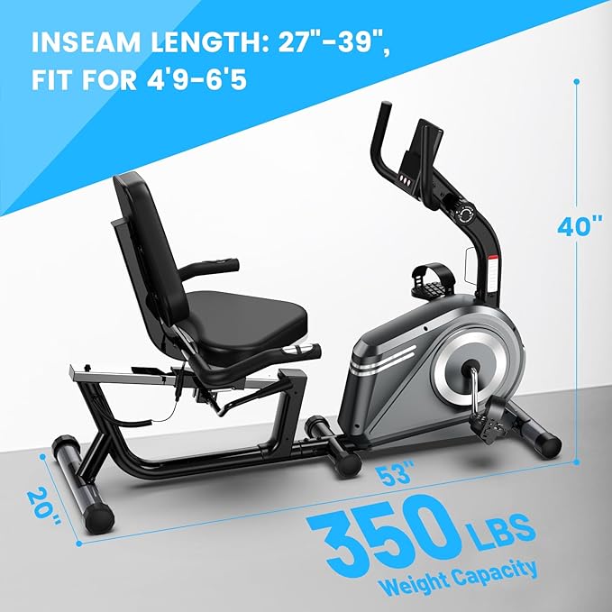 Recumbent Exercise Bike for Home,Recumbent Stationary Bikes for Adults & Seniors,Load Capacity of 400 pounds,Equipped with 16 Adjustable Gears, and Soft Adjustable Seats