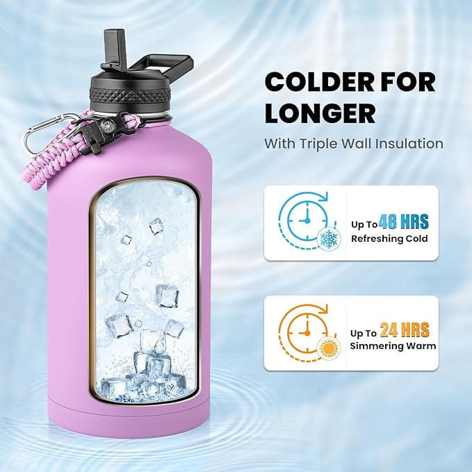 One Gallon Water Bottle Insulated, Triple Walled Vacuum Stainless Steel (Cold for 48 Hrs), Leak Proof & Non-BPA, Large Water Flask Jug with Paracord Handle & Straw Spout Lids-GravixFit