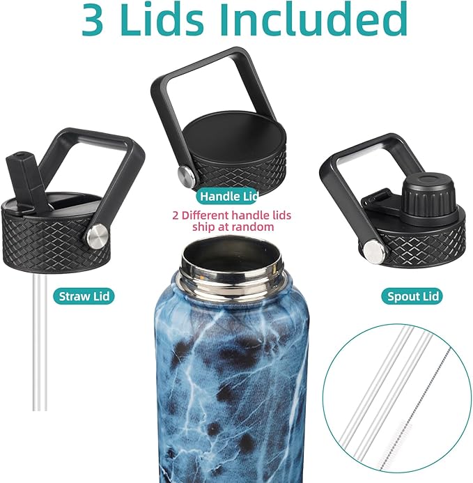 18 oz Insulated Water Bottle Stainless Steel Sport Bottles with 3 Lids,Marble Ocean-GravixFit