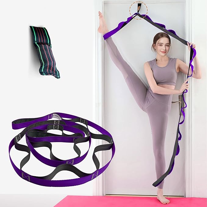 Stretching Strap Yoga Strap, 10 Loops Non-Elastic Stretch Bands Helps Women and Men Improve Flexibility for Home Workout, Physical Therapy, Pilates, Exercise, Dance, Comes with Door Anchor-GravixFit