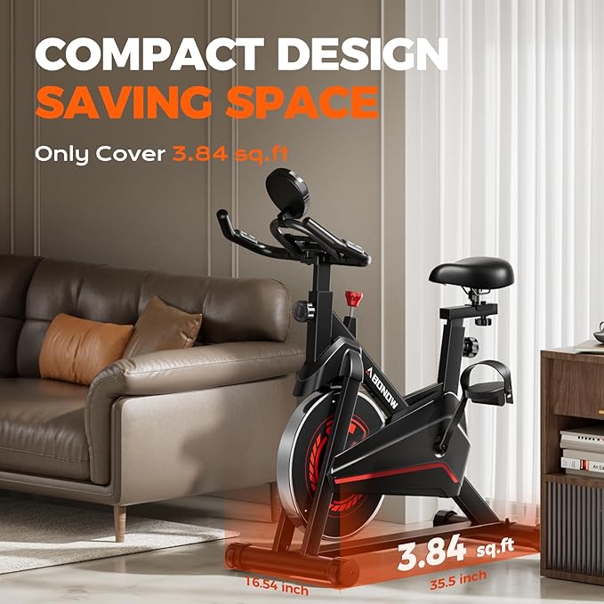 Exercise Bike, Adjustable Magnetic Resistance Stationary Bikes for Home with App Compatible, Indoor Cycling Bike with 300lbs Capacity Compact, Extra Comfort Seat & Tablet Mount