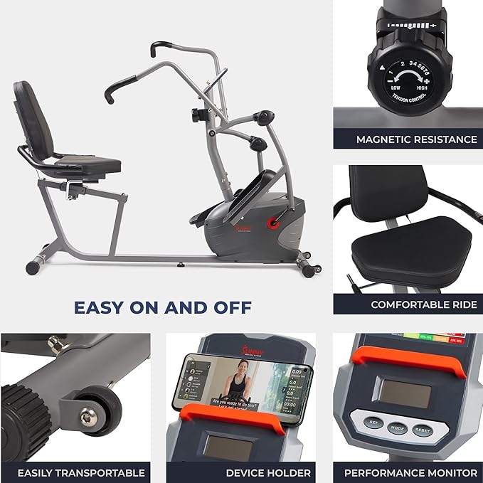 Sunny Health & Fitness Smart Recumbent Bike, Full-Body Home Training with Arm/Leg Exercisers, Indoor Cycling Workout Machine Plus Adjustable Seat & Bulit-in Pulse Sensors, Free SunnyFit App Connection-GravixFit
