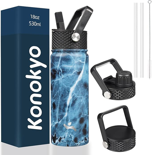 18 oz Insulated Water Bottle Stainless Steel Sport Bottles with 3 Lids,Marble Ocean-GravixFit