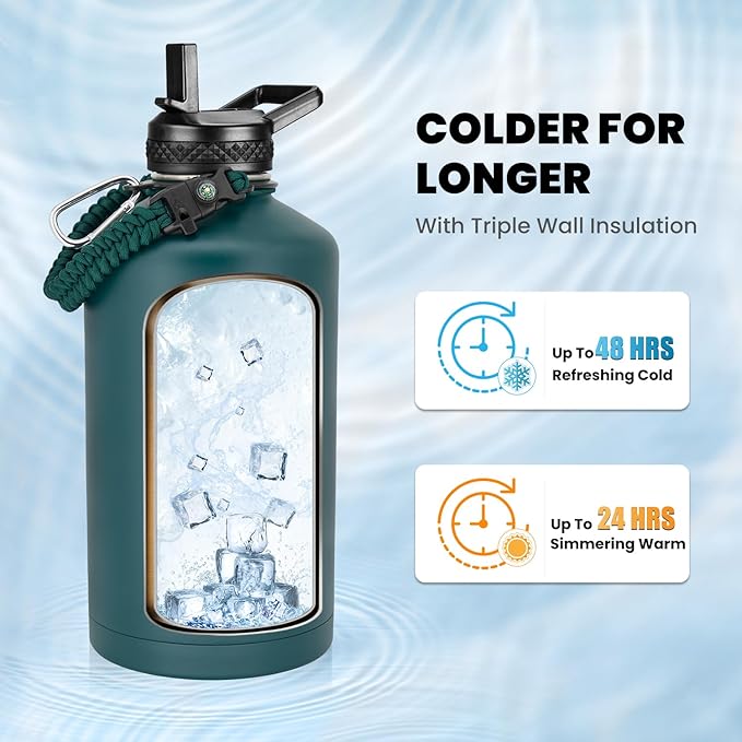 One Gallon Water Bottle Insulated, Triple Walled Vacuum Stainless Steel (Cold for 48 Hrs), Leak Proof & Non-BPA, Large Water Flask Jug with Paracord Handle & Straw Spout Lids-GravixFit