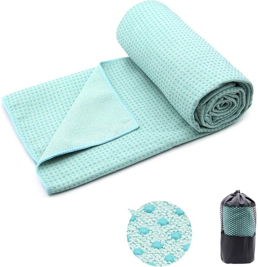 Eunzel Yoga Towel,Hot Yoga Mat Towel with Grip Dots Sweat Absorbent Non-Slip for Hot Yoga, Pilates and Workout 24" x72", Teal-GravixFit