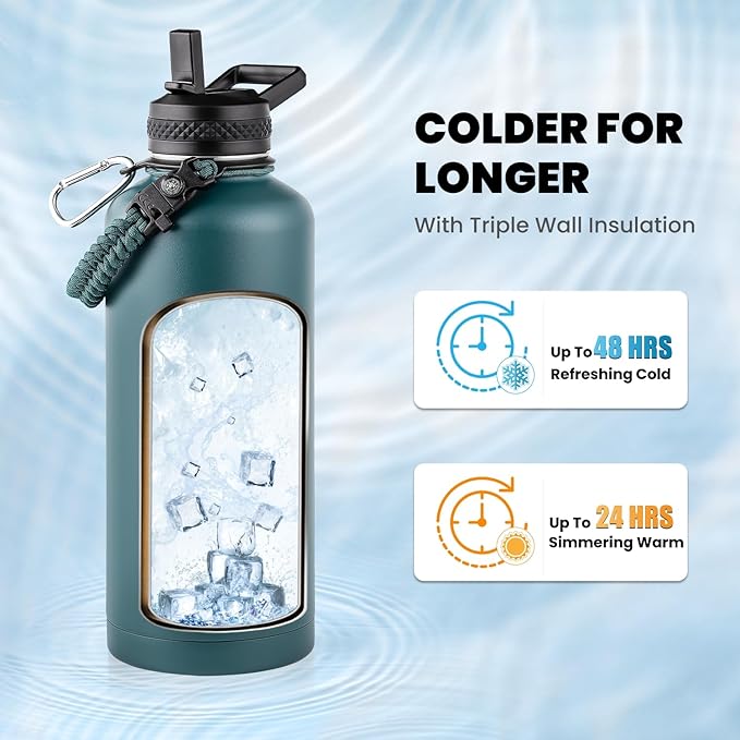 Insulated Water Bottle 87 oz, Triple Wall Vacuum Stainless Steel (Cold for 48 Hrs), Leak Proof & Non-BPA, Modern Water Flask Jug with Paracord Handle & Straw Spout Lids, Dark Green-GravixFit