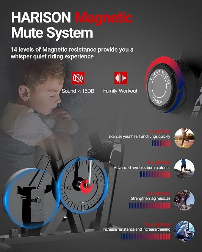 HARISON Magnetic Exercise Bike for Home 350lbs Capacity, Bluetooth Stationary Bikes for Home with 2 in 1 LCD Monitor and Tablet Holder, Comfortable Seat Cushion