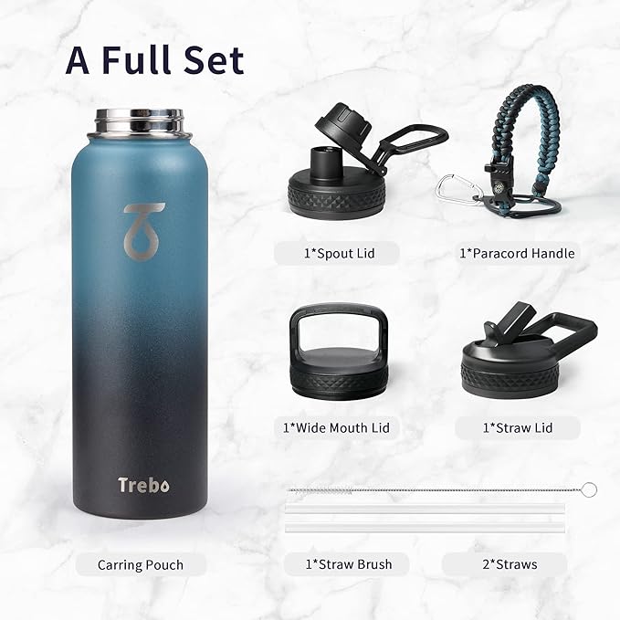 Trebo Water Bottle Insulated 40oz with Paracord Handle, Vacuum Double Wall Stainless Steel Water Jug, 48hr Cold Retention, Leakproof BPA-Free Flask With 3 Lids Fits in Car Cup Holder, Indigo/Black-GravixFit