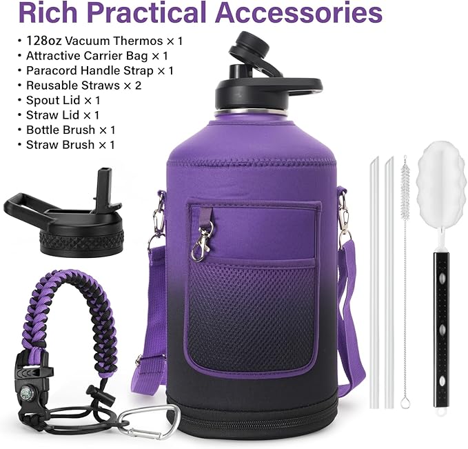 1 Gallon Water Bottle Insulated | Thickened Stainless Steel Vacuum Metal Water Jug | Portable Sports Large for Gym and Hiking with Straw, Carrier Bag, Handle Strap | BPA-Free 128 oz-GravixFit