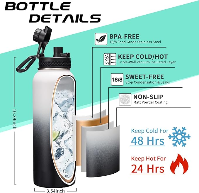 Stainless Steel Water Bottle 40oz with Straw & Auto Spout Lids, Paracord Handle, Insulated Water Flask Carrier Bag & Protective Boot, Thermo Bottle Mug Metal Canteen Keep Cold-48H & Hot-24H-GravixFit