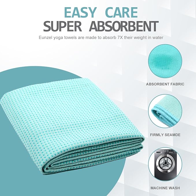 Eunzel Yoga Towel,Hot Yoga Mat Towel with Grip Dots Sweat Absorbent Non-Slip for Hot Yoga, Pilates and Workout 24" x72", Teal-GravixFit