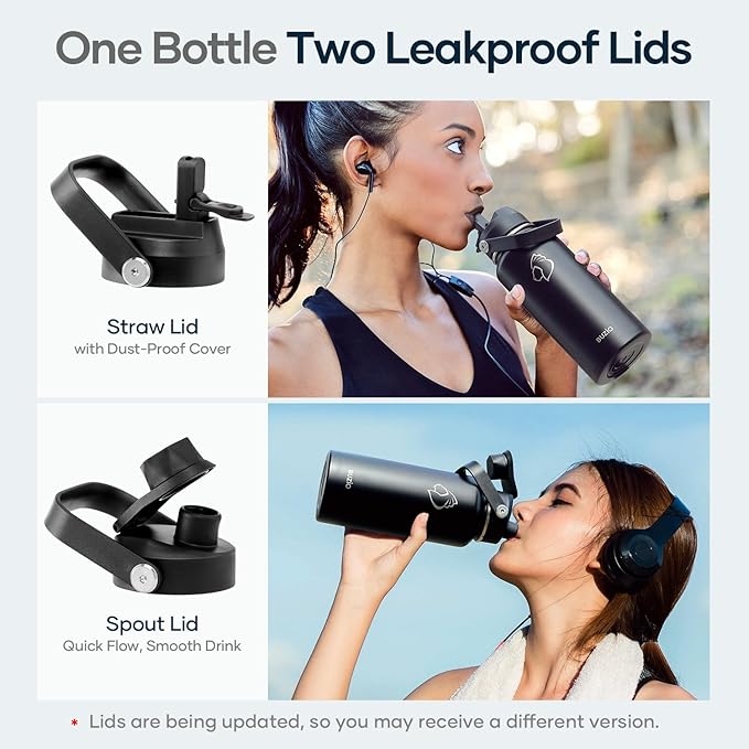 BUZIO Stainless Steel Water Bottle (Cold for 48 Hrs, Hot for 24 Hrs), 32 oz Vacuum Insulated Water Bottle with Straw Lid and Flex Cap (Double Wall, Wide Mouth, BPA Free, Leak Proof), Black-GravixFit