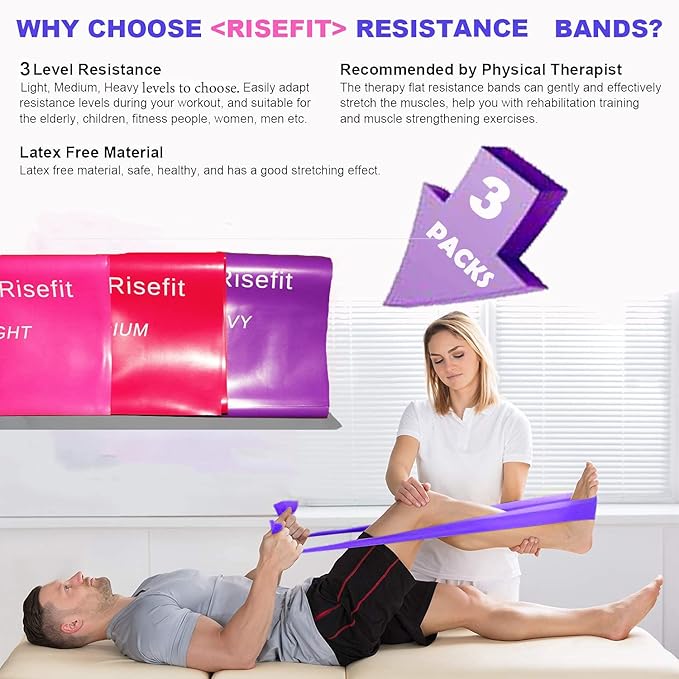 Therapy Flat Resistance Bands Set, Latex Free Flat Elastic Exercise Stretch Bands for Stretching, Flexibility, Pilates, Yoga, Ballet, Gymnastics, Rehab, Workout, Pink, Purple, Blue (3 Pack, 5 FT long)-GravixFit