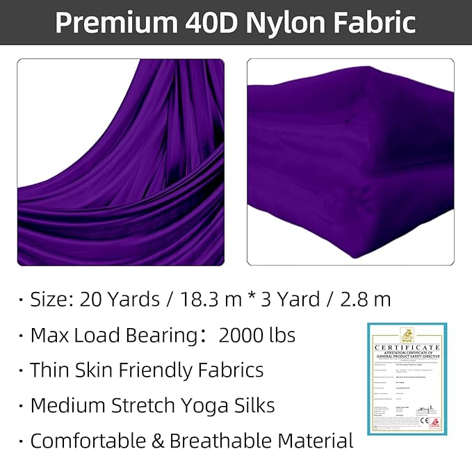 PRIOR FITNESS Aerial Silks Kit Colorful 9/15/20 Yards 40D Nylon Fabric Hammock Set With Hardware & Guide for All Levels Of Aerial Yoga Practice and Acrobatic Flying For Adults Aerial silk-GravixFit