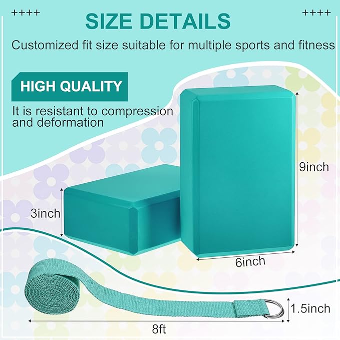 Meooeck 18 Pcs Yoga Block and Strap Set 9 x 6 x 3 Inch EVA Foam Non Slip Brick 8 ft Yoga Straps for Stretching D Ring Design for Back to School Pilates Fitness Workout Exercise-GravixFit