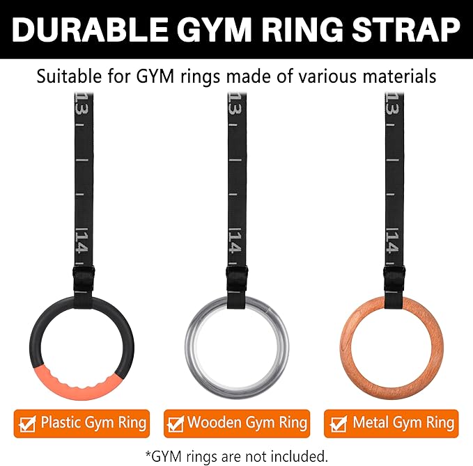 Teamaze Gymnastics Rings Straps with 15 FT Adjustable Number Buckle for Pull-Up Bar Workout Exercise Gym Hanging Rings Indoor (One Pair Strap Only)-GravixFit