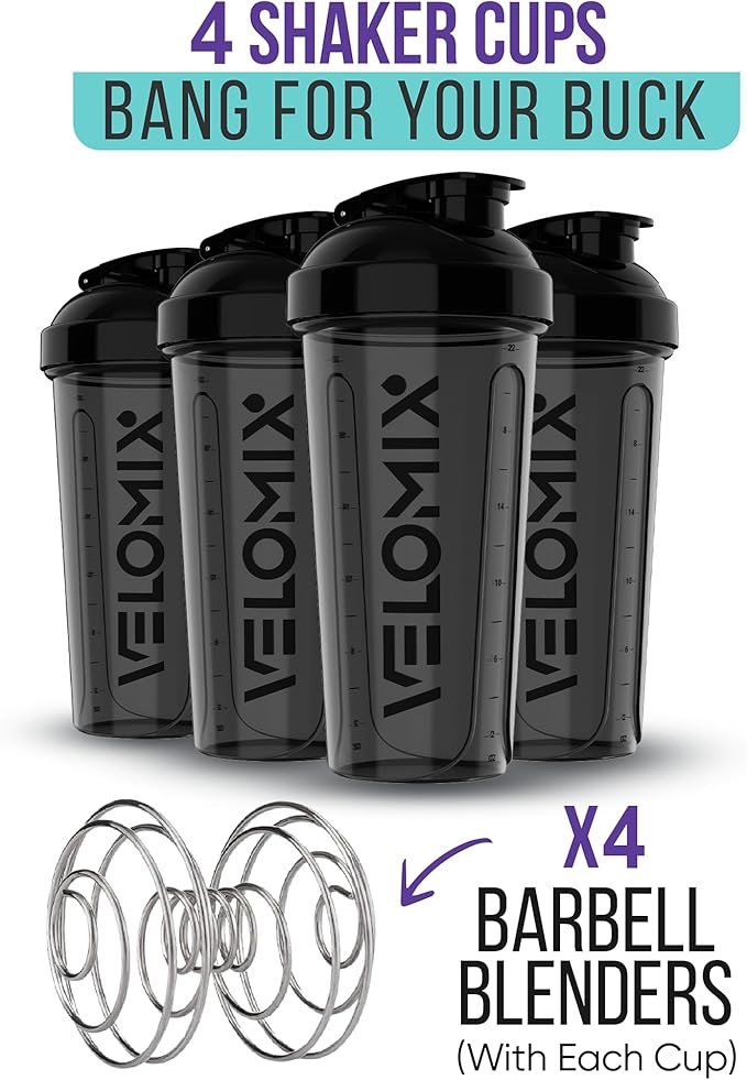'-4 PACK- 28 oz Protein Shaker Bottle for Protein Mixes - 4x Wire Whisk | Leak Proof Shaker Cups for Protein Shakes | Protein Shaker Bottle Pack | Protein Shake Cup(All in Black)-GravixFit