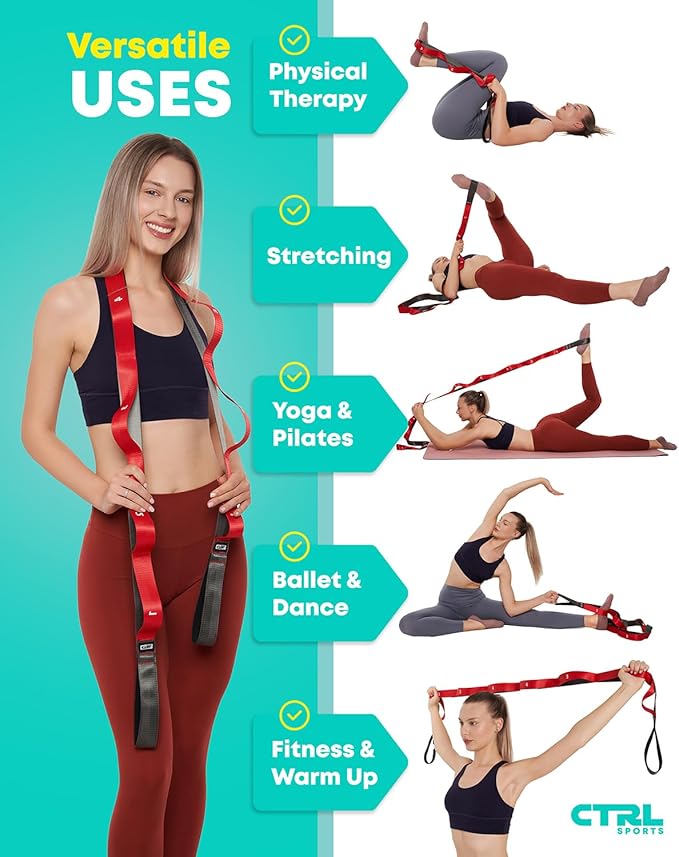 Stretching Strap with Loops - Non Elastic Stretch Band for Physical Therapy, Yoga Strap for Stretching Equipment, Stretch Bands for Exercise and Flexibility - Fascia, Hamstring & Leg Stretcher Belt-GravixFit