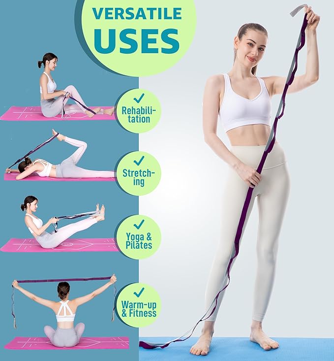 HiRui Stretching Strap Yoga Strap with Door Anchor, 14-Loops Non-Elastic Stretch Straps for Physical Therapy, Pilates, Dance, Gymnastics | Stretch Band with Workout Guide for Women & Men-GravixFit