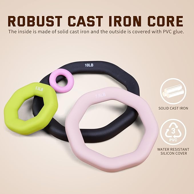 Leikefitness Weight Ring 2-in-1 Kettlebell & Dumbbell, cast Iron+PVC Coating, Yoga Exercise, Aerobics, Core Training, 4 in a Set (0.33LB + 5.5LB + 7.5LB + 10LB)-GravixFit