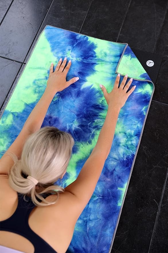 Eunzel Yoga Towel,Hot Yoga Mat Towel with Grip Dots Sweat Absorbent Non-Slip for Hot Yoga, Pilates and Workout 24" x72", Green & Blue-GravixFit