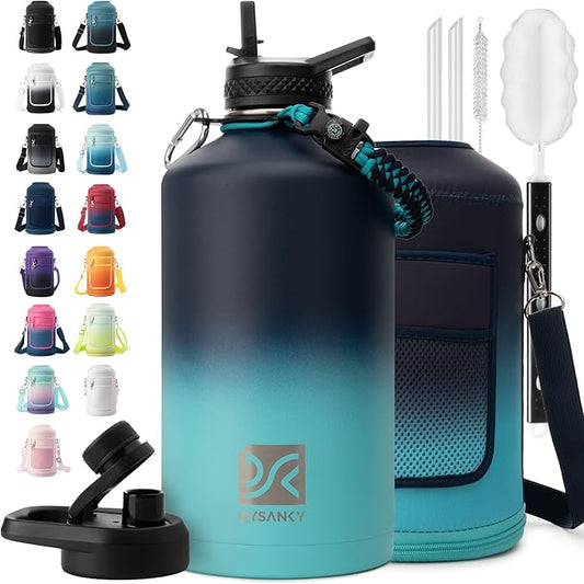 1 Gallon Water Bottle Insulated | Thickened Stainless Steel Vacuum Metal Water Jug | Portable Sports Large for Gym and Hiking with Straw, Carrier Bag, Handle Strap | BPA-Free 128 oz-GravixFit