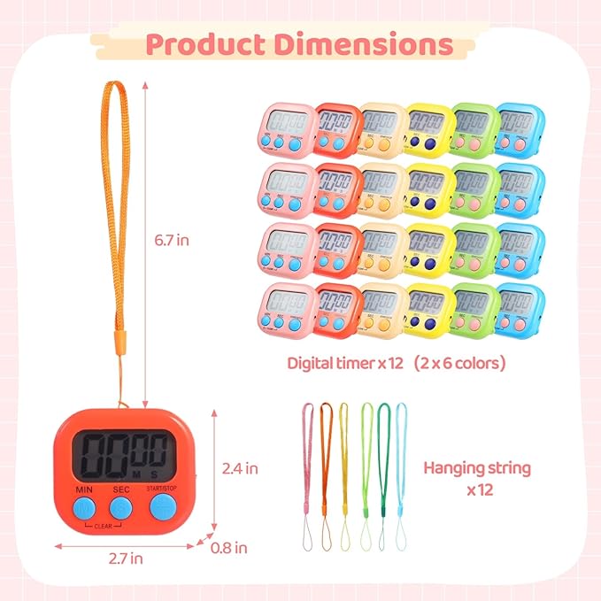 12 PCS Bulk Digital Timer, Timers for Classroom, On/Off Switch Minute Second Countdown Big LCD Display Timer, Loud Alarm for Exercise Cook Baking Teacher-GravixFit