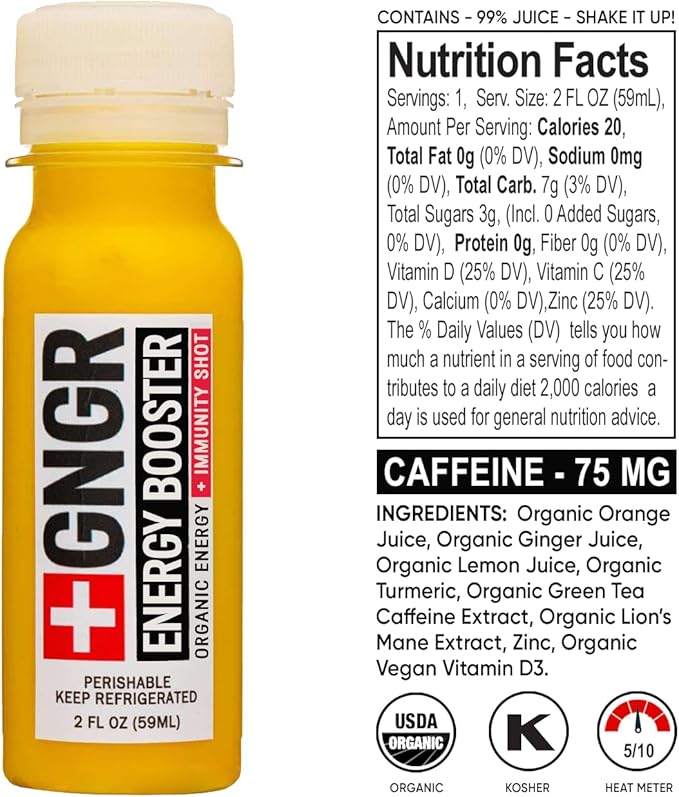 '+GNGR Energy Booster & Immunity Shot, Cold-Pressed Ginger Shots with Lions Mane, 75mg of Natural Caffeine Green Tea, Turmeric Root, Vitamin D & Zinc for All Natural Immune Support (2 Oz, Pack of 12)-GravixFit