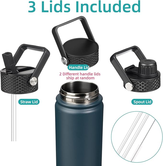 18 oz Insulated Water Bottle Stainless Steel Sport Bottles with 3 Lids,Navy Blue-GravixFit