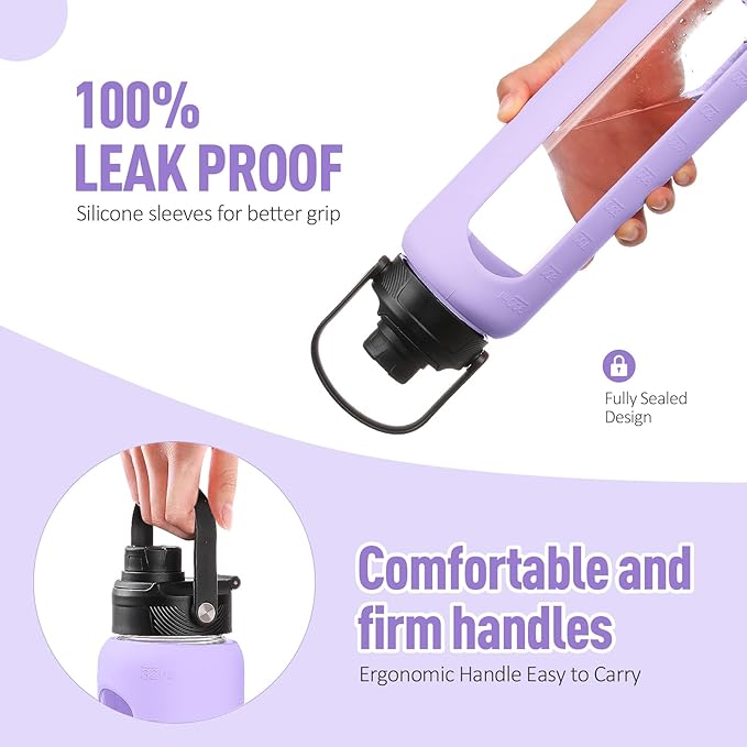 Kodrine Water Bottle with Straw, 24 oz Glass water Bottle with 2 Lids Bamboo Straw Lid and Spout Lid with Handle, 32 oz Clear Water Bottle Glass for Sports Travel, Waterbottle with Time Marker-GravixFit