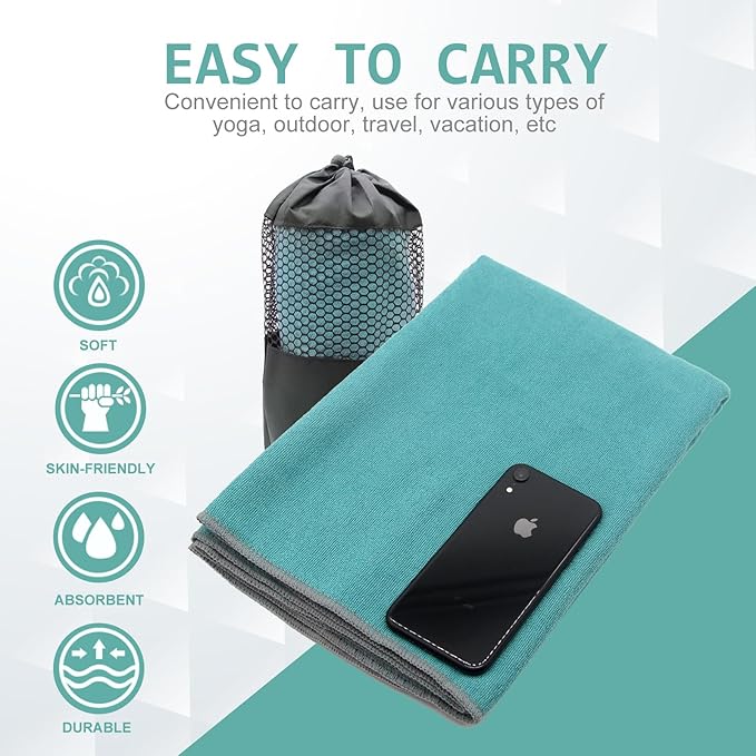 Eunzel Yoga Towel,Hot Yoga Mat Towel with Grip Dots Sweat Absorbent Non-Slip for Hot Yoga, Pilates and Workout 24" x72", Dark Cyan-GravixFit