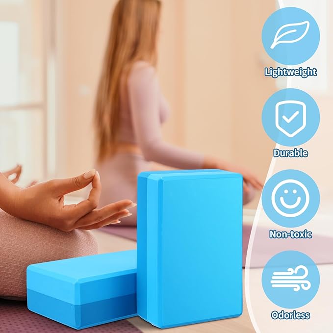 Liliful 10 Pcs Yoga Blocks Bulk Eva Foam Exercise Yoga Brick Soft Non Slip Surface Foam Blocks High Density Yoga Accessories for Workout Stability Balance Deepen Stretches Pilates 9''x6''x3''(Blue)-GravixFit