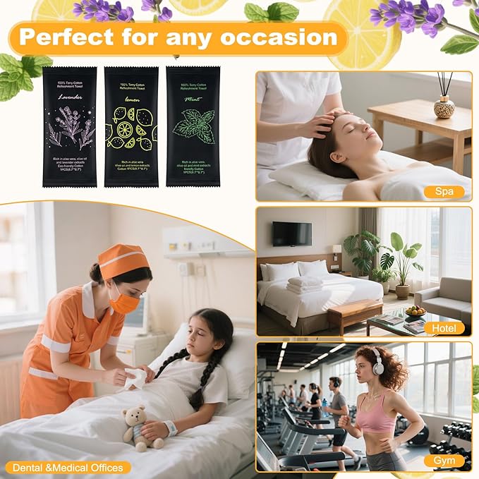 Moist Cotton Towel Bulk Moist Towelettes Individually Wrapped 8.7" x 8.7",White Towel Services,Refreshment Pre Moistened Towels Lavender, Lemon and Mint for Sport Party Spa （pack of 60)-GravixFit