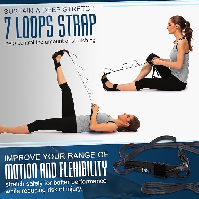 Foot and Calf Stretcher for Plantar Fasciitis, Achilles Tendonitis, Heel Spurs, Drop Foot. Yoga Stretching Strap for Leg, Thigh and Hamstring (Black)-GravixFit