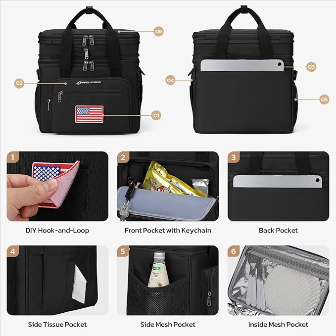 Maelstrom Tactical Lunch Box for Men, 23L Insulated Lunch Bag, Expandable Double Deck Cooler Bag, Lightweight Leakproof Tote Bag With Side Tissue Pocket, Suit For Men and Women, Black-GravixFit