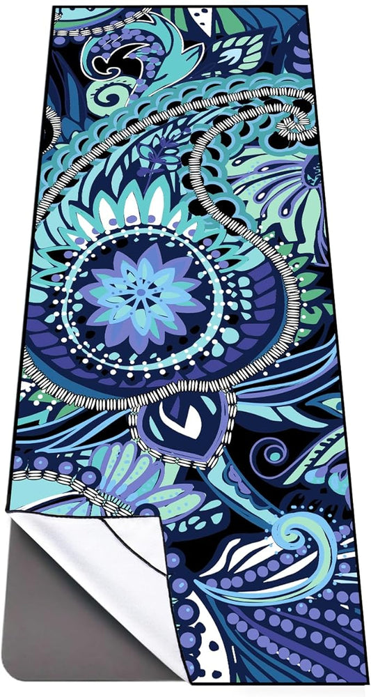 QiyI Yoga Mat Towel with Corner Pockets, Non Slip Sweat Absorbent Hot Yoga Towels, Soft Yoga Blankets with Travel Bag, Skidless Mat Cover for Workout, Gym, Fitness - 70"x26", Vintage Paisley-GravixFit