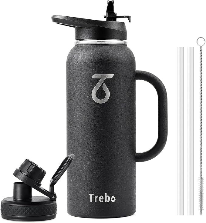 Trebo 40oz Water Bottle Insulated with Handle, Stainless Steel Metal Large Jug,Travel Flask with Straw Spout Lid,Mug Tumbler Cup with Carry Pouch,Keep Cold Hot, Indigo Black-GravixFit