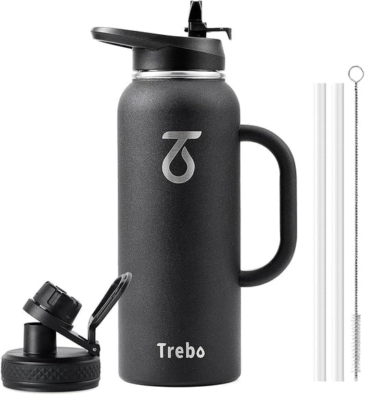 Trebo 40oz Water Bottle Insulated with Handle, Stainless Steel Metal Large Jug,Travel Flask with Straw Spout Lid,Mug Tumbler Cup with Carry Pouch,Keep Cold Hot, Indigo Black-GravixFit