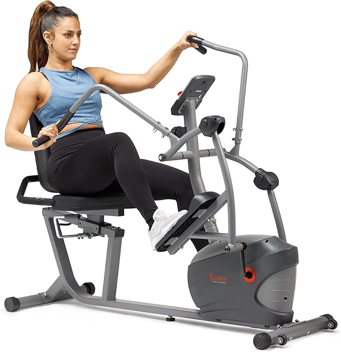 Sunny Health & Fitness Smart Recumbent Bike, Full-Body Home Training with Arm/Leg Exercisers, Indoor Cycling Workout Machine Plus Adjustable Seat & Bulit-in Pulse Sensors, Free SunnyFit App Connection-GravixFit