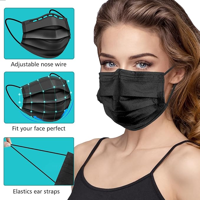 100 PCS Disposable Face Masks, Black Disposable Masks, 3 Ply Protection Face Masks-GravixFit