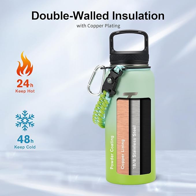 Trebo 32 oz Water Bottle Insulated with Lid and Straw, Double Wall Vacuum Stainless Steel Sports Flask with Paracord Handle, Keep Hot 24 Hours & Cold 48 Hours Water Cup with 3 Lids, Dark Green-GravixFit