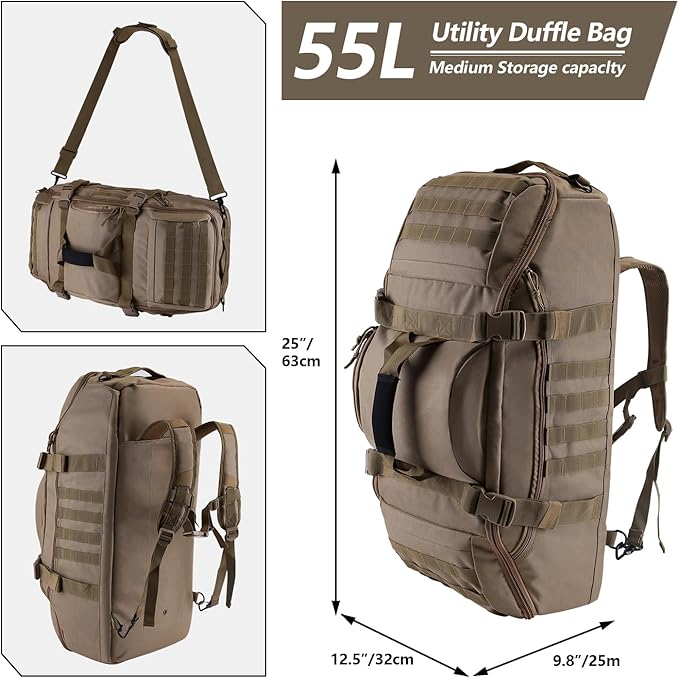 55L Large Duffle Bag, 3-in-1 Tactical Backpack MOLLE Pack for Gym, Sports, Outdoor, Coyote-GravixFit