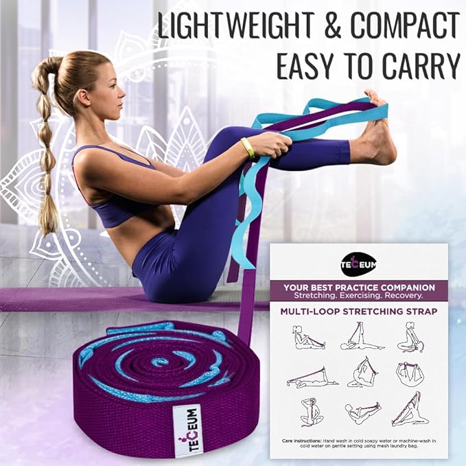 TECEUM Stretching Strap for Yoga & Physical Therapy – 10 Loops – Non-Elastic Leg Stretch Straps for Stretching, Exercising, Pilates, Post-Injury Rehabilitation for All Levels – Men & Women-GravixFit