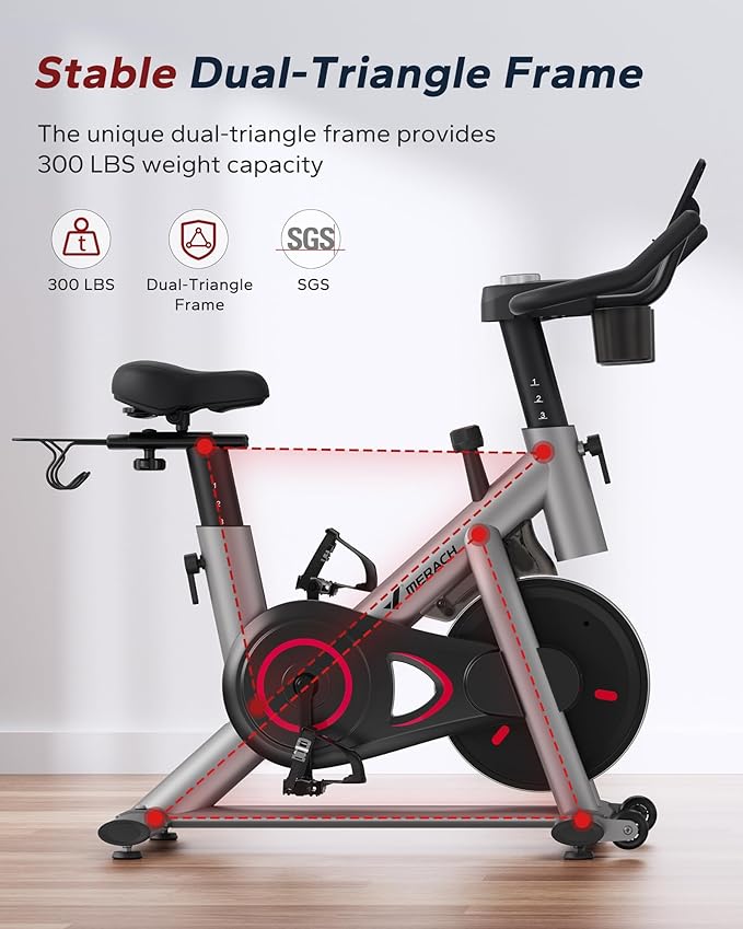 MERACH Exercise Bike, Brake Pad Stationary Bike with Exclusive App, Low Noise Indoor Cycling Bike with 300lbs Weight Capacity, Tablet Mount and Fitness Courses for Weight Loss-GravixFit
