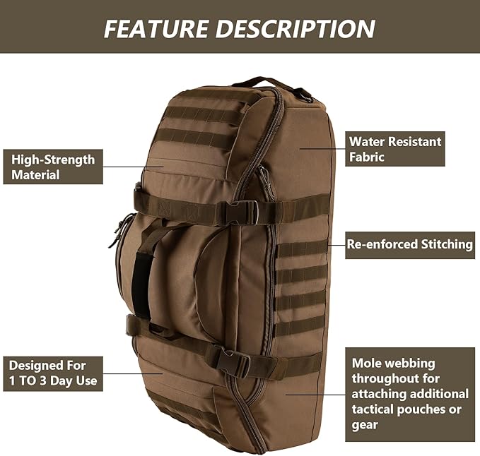 65L Large Duffle Bag, 3-in-1 Tactical Backpack MOLLE Pack for Sports, Gym, Outdoor, Dark Brown-GravixFit