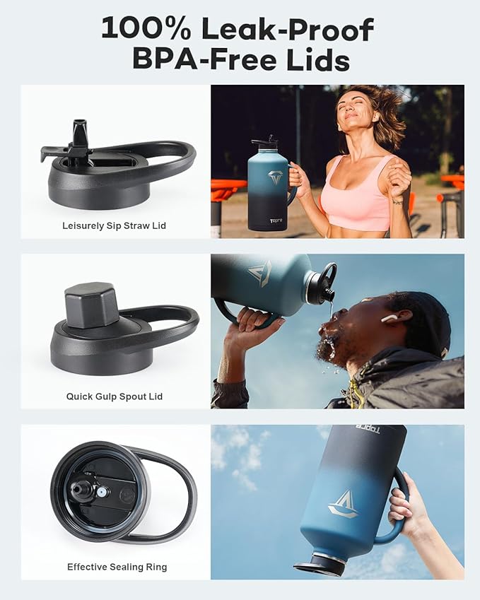 128 oz Stainless Steel Water Bottle with Handle and Carry Pouch, One Gallon Insulated Mug Tumbler with Straw Lid Spout Lid,Reusable Metal Water Bottle Jug Flask Cup,Keep Cold & Hot,Indigo Black-GravixFit